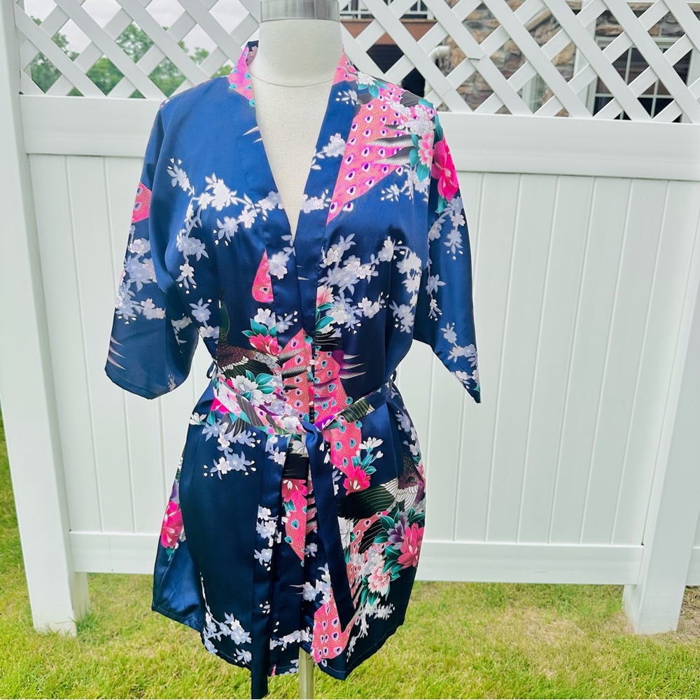 Oriental Village Blue Kimono/Robe with Floral and Peacock Design